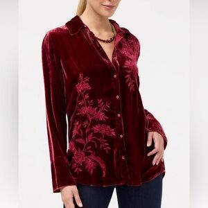 Johnny Was Burgundy Velvet Burgundy Embroidered Shirt M NWT.